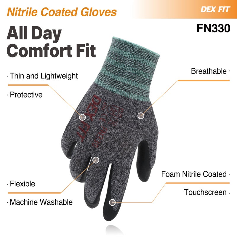 DEX FIT Nitrile Coated Work Gloves FN330-3D-Comfort Stretchy Fit, Firm Grip, Thin & Lightweight, Touchscreen Fingers, Protective & Durable, Breathable, Machine Washable; Black Grey M (8) 3 Pairs - Image 4